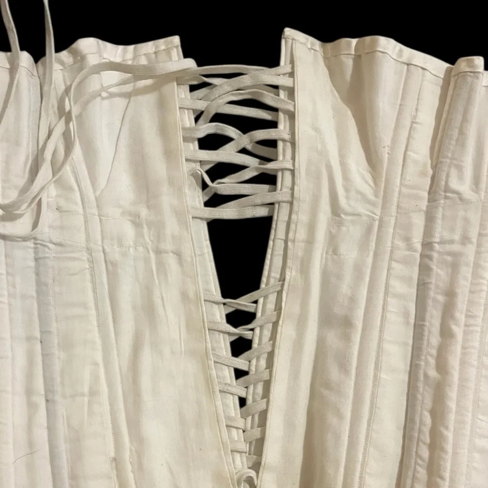 White Cotton Structured Boned Bridal Style Corset with Silver Grommets - Picture 6 of 14